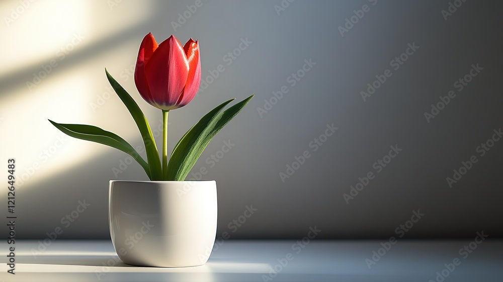 Single Red Tulip in a White Pot Basking in Sunlight Single Red Tulip in a White Pot Basking in Sunlight