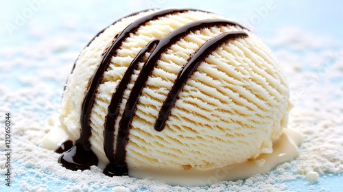 Creamy vanilla ice cream drizzled with chocolate sauce photo