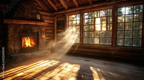 A rustic cabin interior with a fireplace glow and sunlight streaming through wooden-framed windows