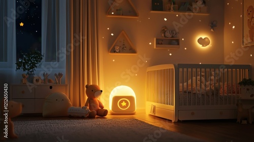 A nursery with a glowing nightlight and soft daylight creating a serene atmosphere