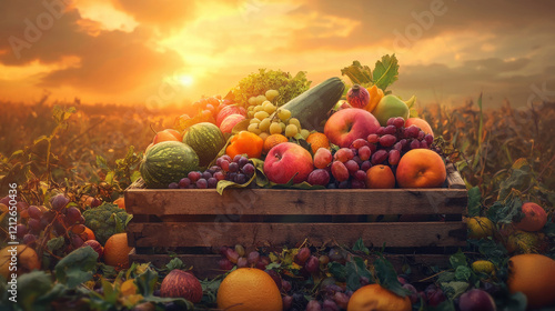 Fototapeta Naklejka Na Ścianę i Meble -  Fresh organic vegetables and fruits in wooden crate at sunset