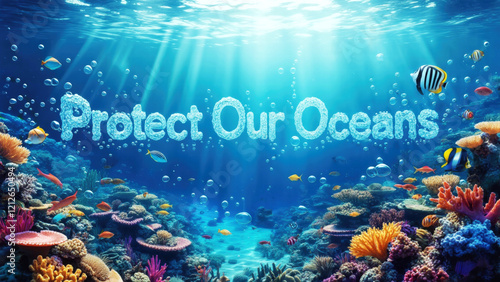 Protect Our Oceans: A Vibrant Underwater Scene Highlighting Marine Life and Coral Reefs for Ocean Conservation