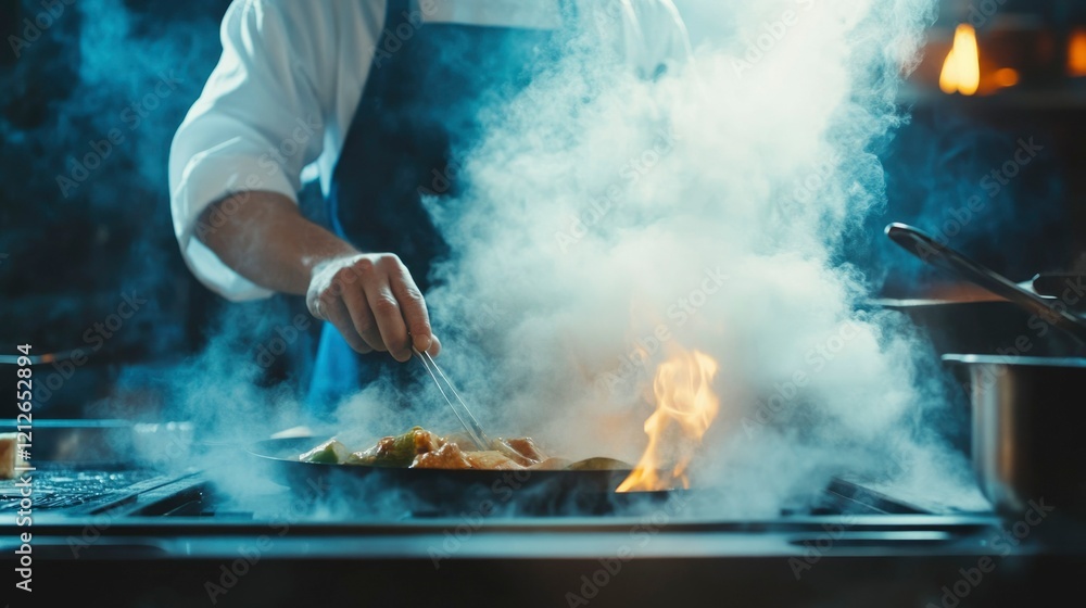 Chef Preparing Delicious Food In Restaurant Kitchen Chef Preparing Delicious Food In Restaurant Kitchen