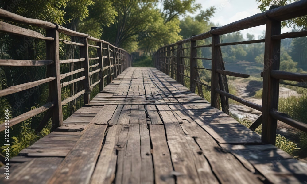 Wooden bridge with weathered railings and peeling paint, wooden bridge, rusty Wooden bridge with weathered railings and peeling paint, wooden bridge, rusty