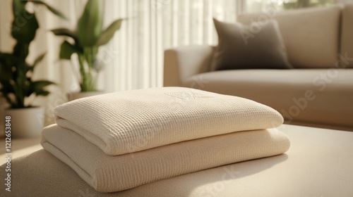Soft Beige Woven Blankets Stacked on a Bench