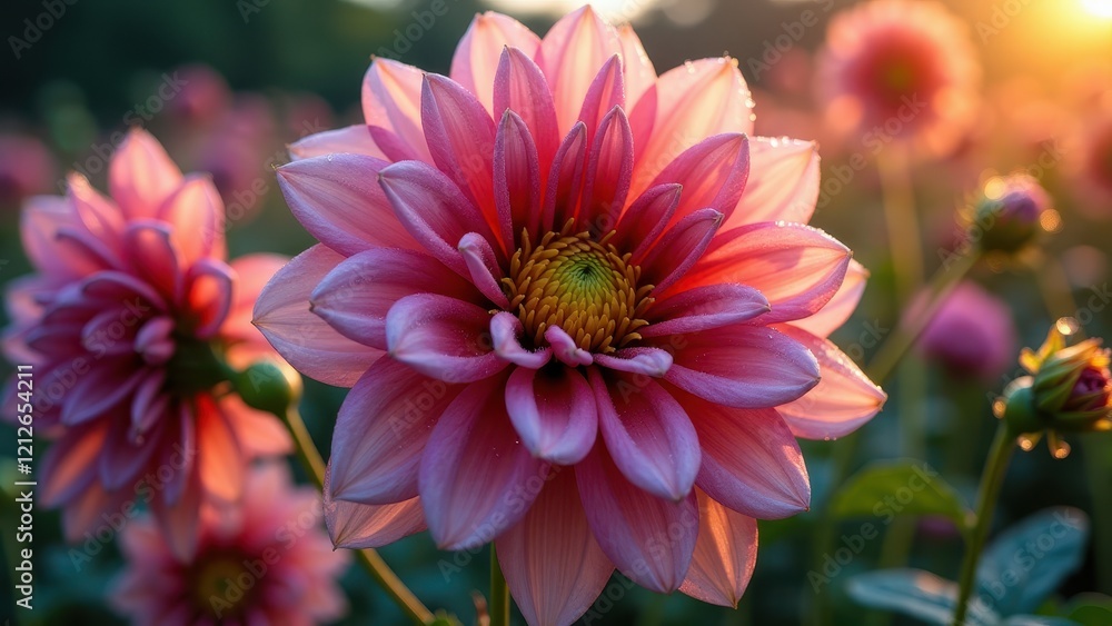 Fototapeta premium Close-up of a pink dahlia flower with dew drops in sunlight