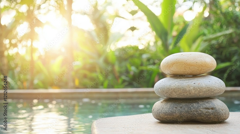 Serene stacked stones near tranquil pool surrounded by lush greenery Serene stacked stones near tranquil pool surrounded by lush greenery