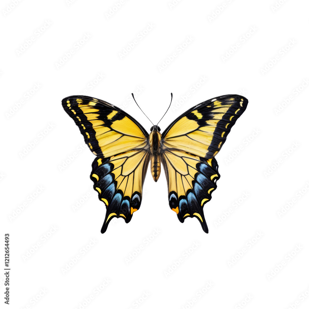 Vibrant Butterfly: A stunning butterfly, adorned with striking yellow, black, and blue patterns, displays its delicate wings in a captivating close-up. Vibrant Butterfly: A stunning butterfly, adorned with striking yellow, black, and blue patterns, displays its delicate wings in a captivating close-up.