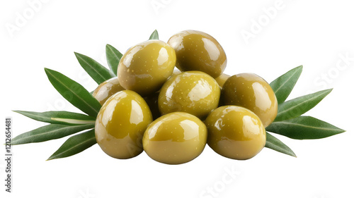 Green olives with leaves isolated on transparent or white background