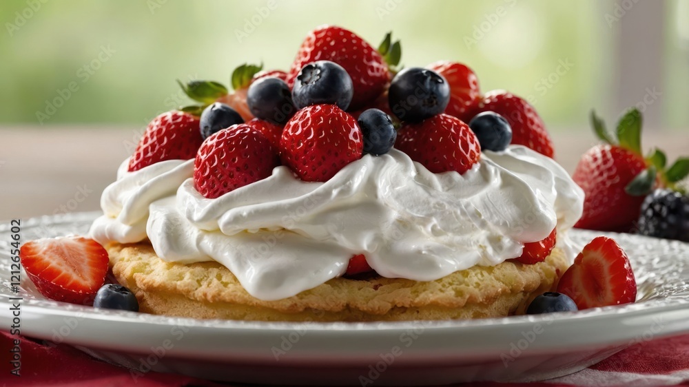 A delicious dessert featuring whipped cream and fresh strawberries and blueberries on a biscuit. A delicious dessert featuring whipped cream and fresh strawberries and blueberries on a biscuit.