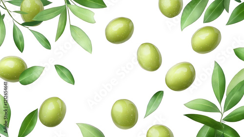 Green olives with leaves isolated on transparent or white background
