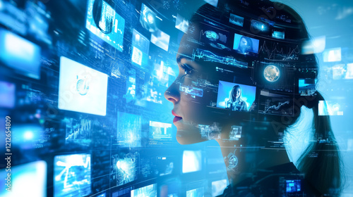 A woman's profile is overlaid with a multitude of digital screens, representing immersion in technology, data, and the digital world. A visual metaphor for connectivity and information overload.