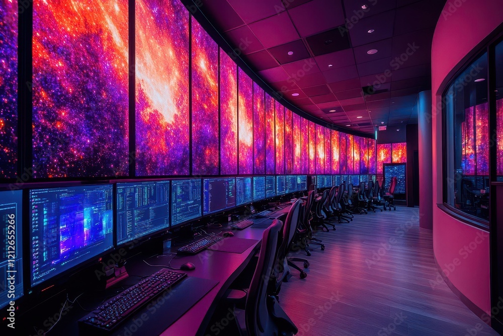 futuristic data center with bioluminescent cooling system, curved led wall displays, and floating holographic monitoring interfaces futuristic data center with bioluminescent cooling system, curved led wall displays, and floating holographic monitoring interfaces