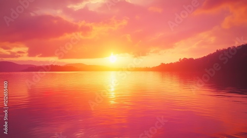 Serene Sunset Over Calm Lake And Mountains