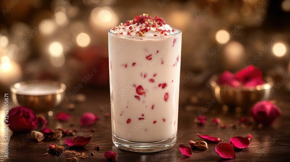Rose Petal Milk Drink, Festive Lights, Tabletop Rose Petal Milk Drink, Festive Lights, Tabletop