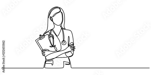 female doctor with crossed arms continuous one line drawing, Single continuous line drawing a female doctor standing confidently with her arms crossed. Vital role of women in the medical field. Nation