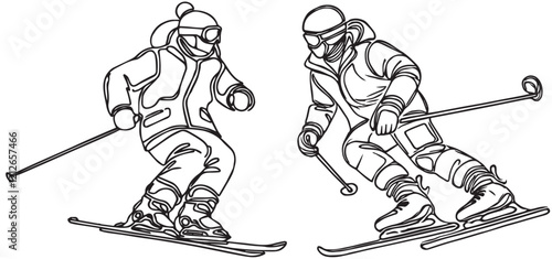 Continuous line snowboarder and skiing one line art. Continuous line drawing sport, winter sports, tricks, snowboarding, competition, extreme