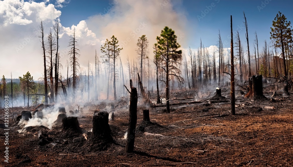forest fire disaster. a burned tree stump with smoke coming out forest fire disaster. a burned tree stump with smoke coming out