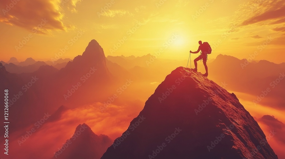 Adventurous Climber Stands Atop Majestic Mountain Peak At Sunset Adventurous Climber Stands Atop Majestic Mountain Peak At Sunset