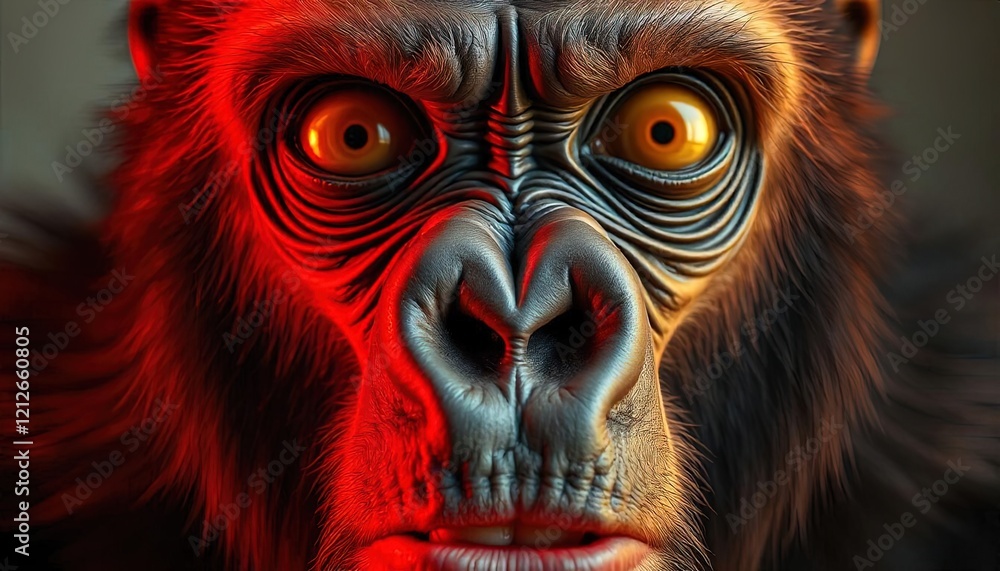Gorilla Close Up Intense Expression Red Lighting Gorilla Close Up Intense Expression Red Lighting