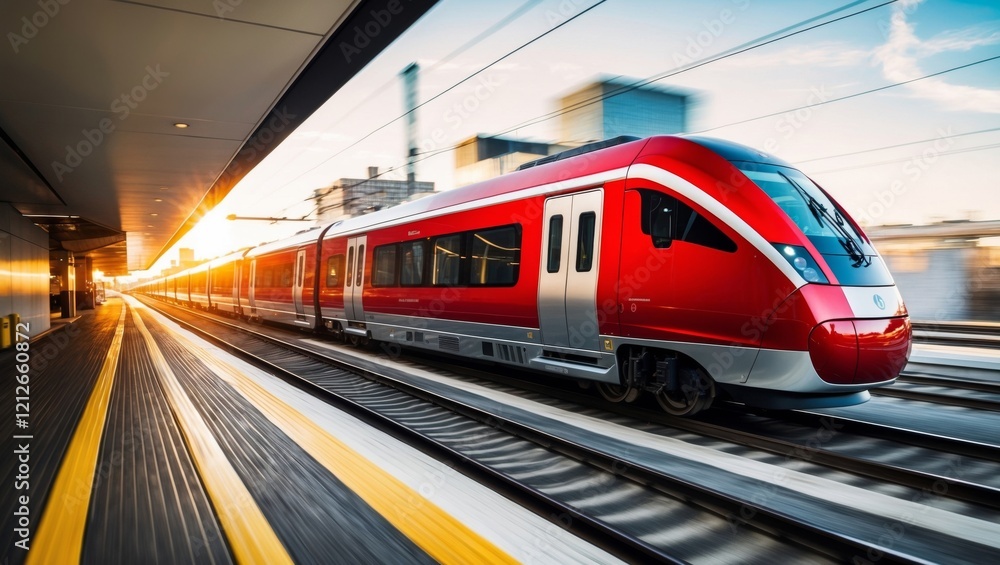 Naklejka premium Modern red train in motion