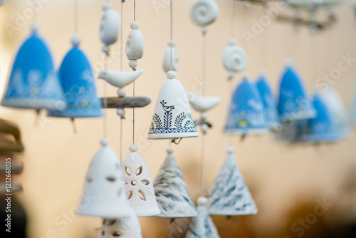 Colorful ceramic bells and other decorations sold on Easter market in Vilnius. Lithuanian capital's annual traditional crafts fair is held every March on Old Town streets. photo