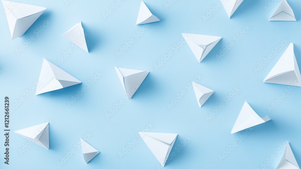 White triangular paper shapes on a blue background White triangular paper shapes on a blue background
