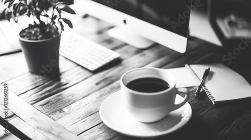 A cup of coffee sits on a wooden desk alongside a computer and notebook. A monochrome image evoking a calm workspace, perfect for focus and productivity.