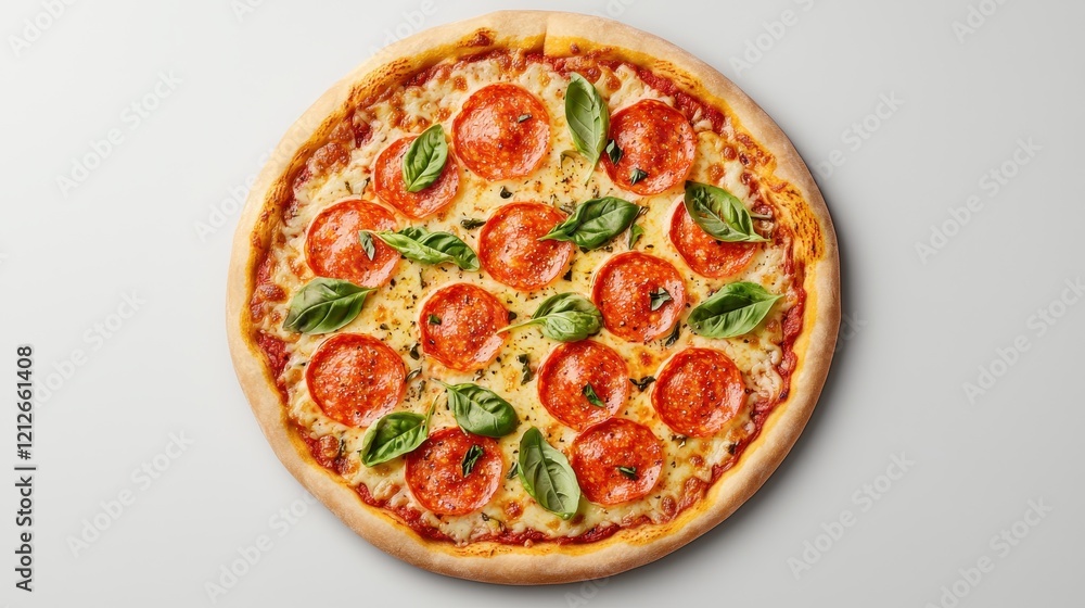 A vibrant, round pizza topped with pepperoni and fresh basil leaves, served on a light background. A vibrant, round pizza topped with pepperoni and fresh basil leaves, served on a light background.