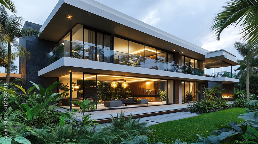 Obraz premium Two Story Modern Villa with Balcony and Elegant Interior Lighting