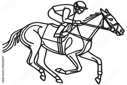 Single continuous line drawing of young professional horseback rider running with a horse around the stables vector illustration