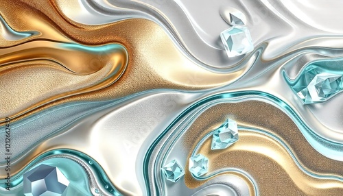 Abstract Gold Silver Teal Swirls With Crystals