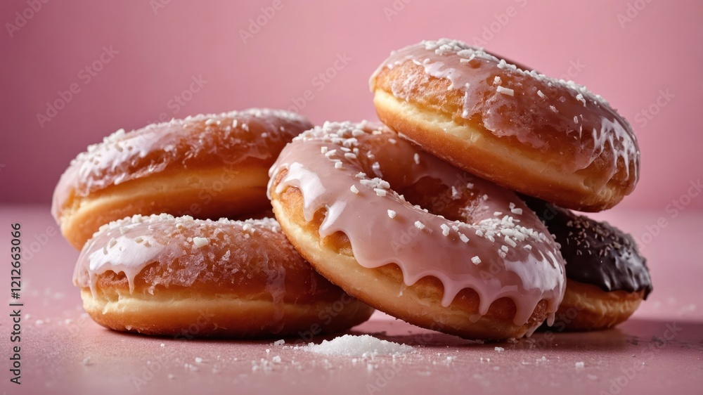 A tempting assortment of glazed donuts stacked on a pink background. A tempting assortment of glazed donuts stacked on a pink background.