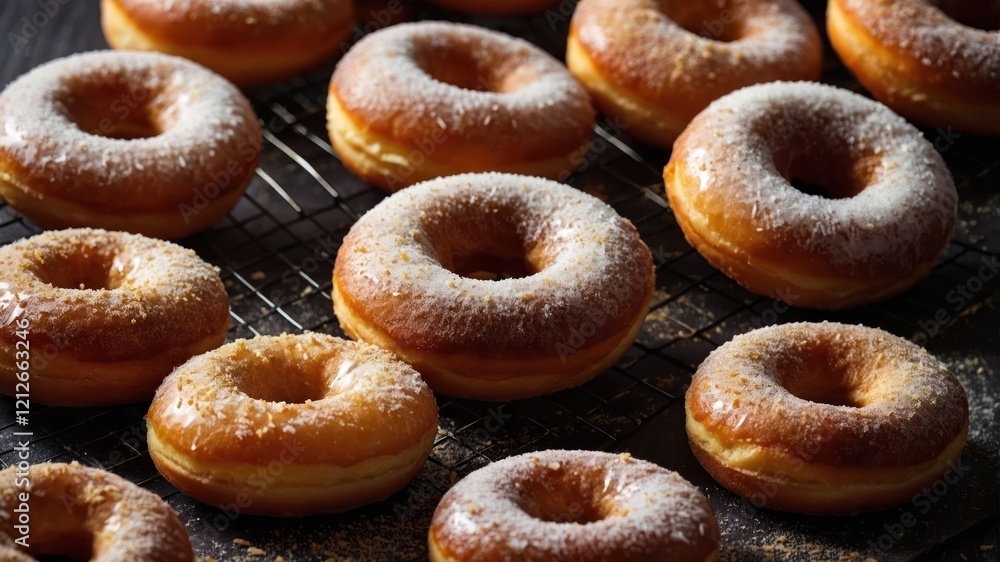 A close-up of freshly baked donuts on a cooling rack, showcasing their golden-brown texture. A close-up of freshly baked donuts on a cooling rack, showcasing their golden-brown texture.