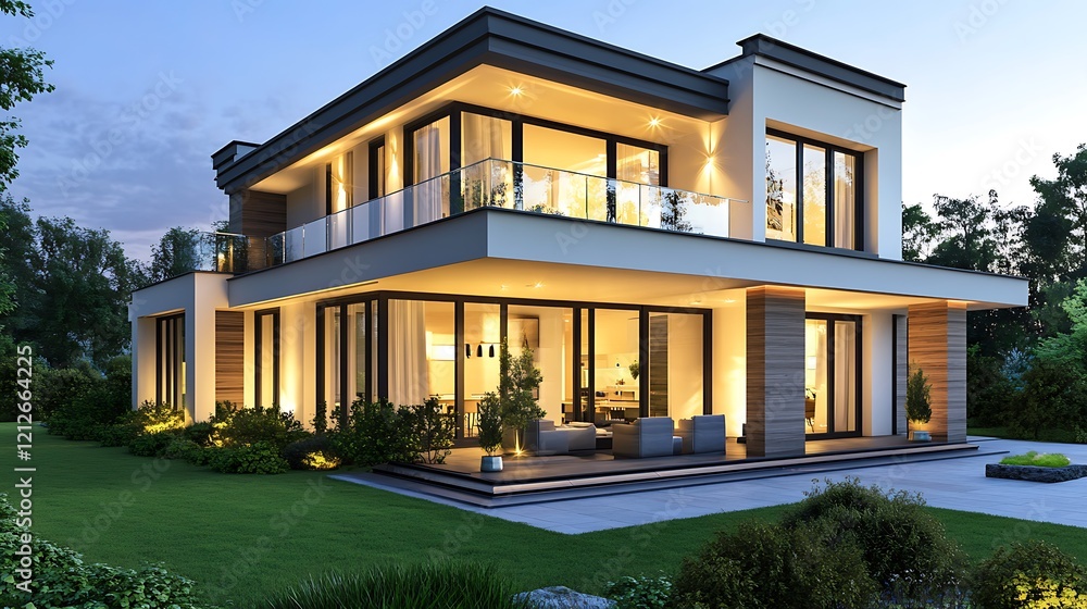 Obraz premium Two Story Modern Villa with Balcony and Elegant Interior Lighting
