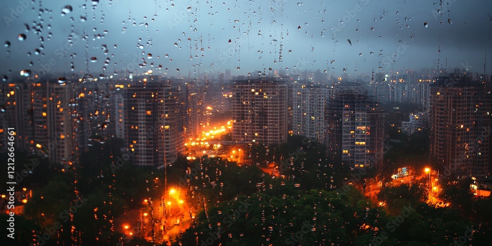 Fototapeta premium Rainy Cityscape Through Glass Window at Twilight