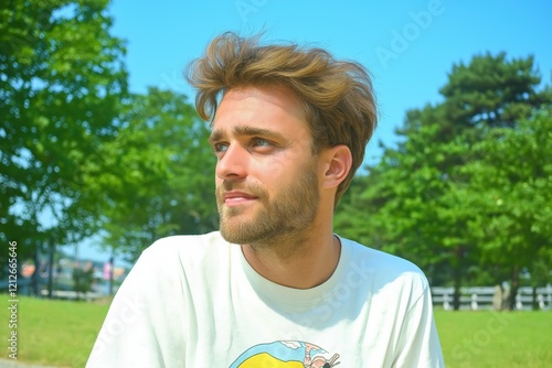 Thoughtful Young Man in a Sunny Park
