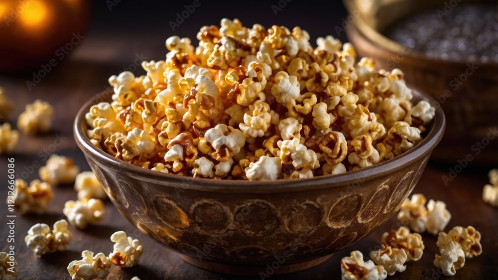 A bowl of popcorn, golden and fluffy, surrounded by scattered pieces, ideal for snacking. A bowl of popcorn, golden and fluffy, surrounded by scattered pieces, ideal for snacking.