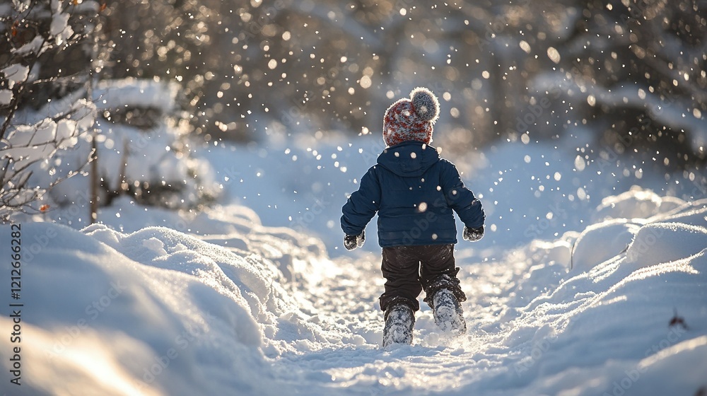Naklejka premium the excitement of a child waking up on a winter morning to find a blanket of fresh snow, perfect for building snow forts.