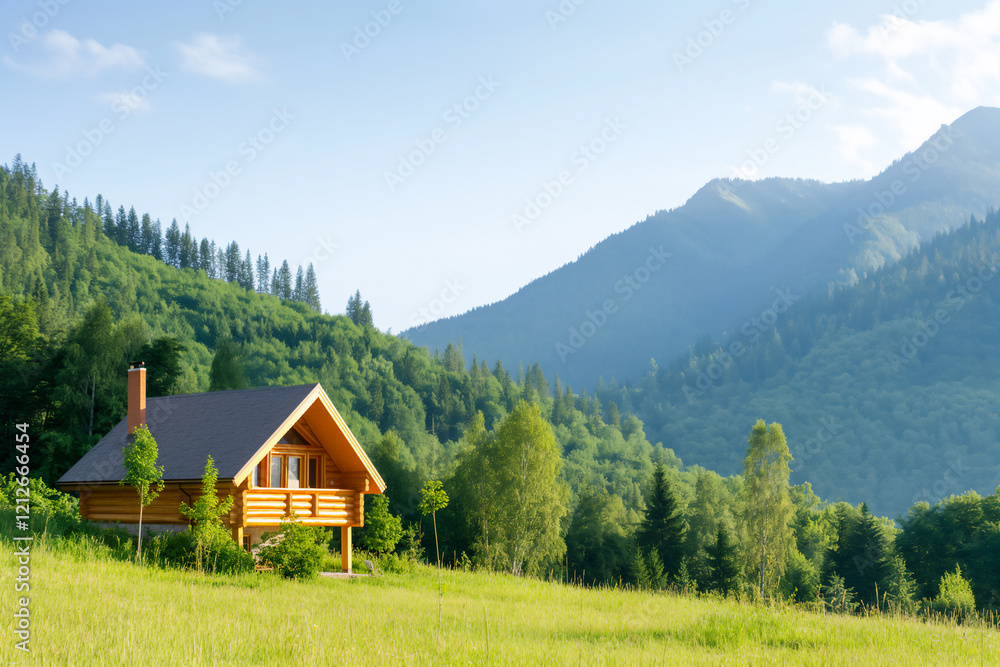 Charming wooden cabin nestled in a lush green valley, surrounded by dense forest and majestic mountains under a bright blue sky Charming wooden cabin nestled in a lush green valley, surrounded by dense forest and majestic mountains under a bright blue sky
