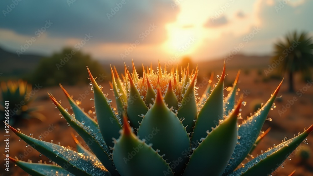 Close-up of a cactus with sharp spines at sunset in a desert Close-up of a cactus with sharp spines at sunset in a desert
