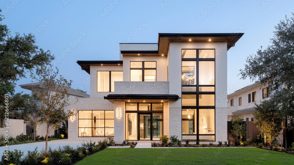 Fototapeta premium Modern luxury two-story house with illuminated windows and a green lawn at twilight.