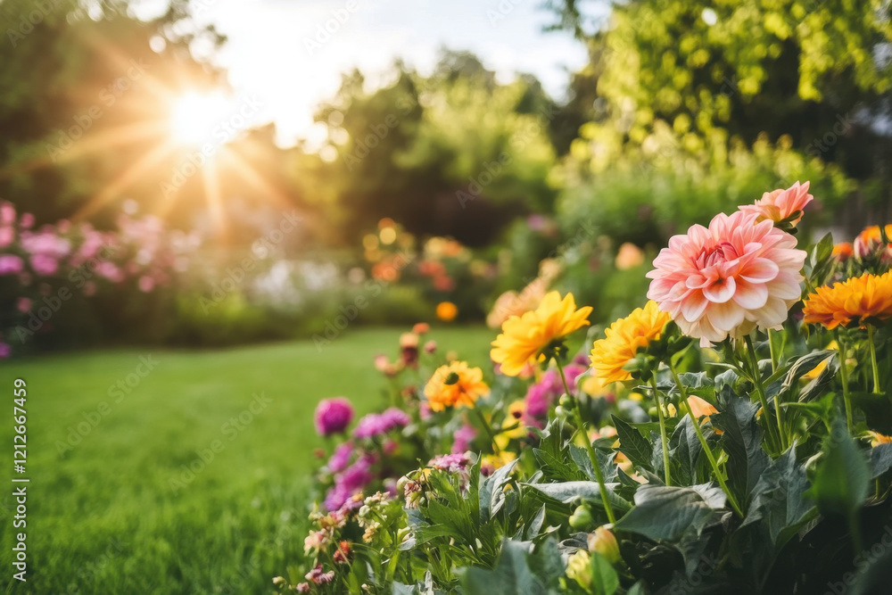 Obraz premium Colorful Dahlias in a Sunlit Garden