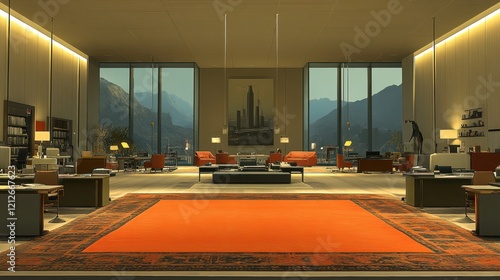 Modern Office Space with Mountain View and Orange Rug