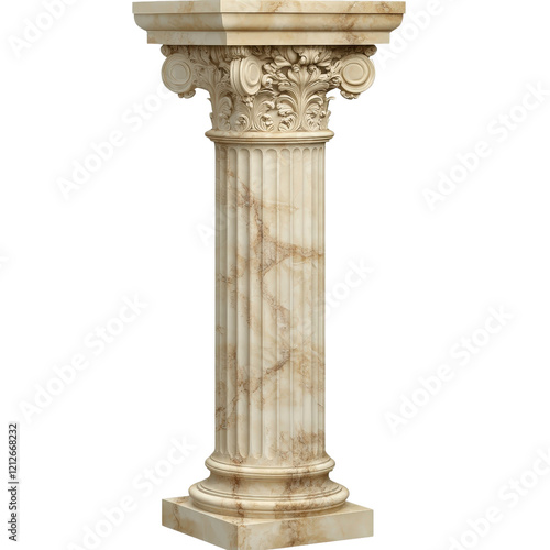 Marble column featuring intricate floral design in classic architectural style isolated on transparent background.