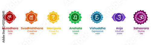 PS100_Chakra_180101Chakra set,Vector Design. Meditation, spirituality, energy, healing icon set in banner size all Unique Chakra with Their Names.