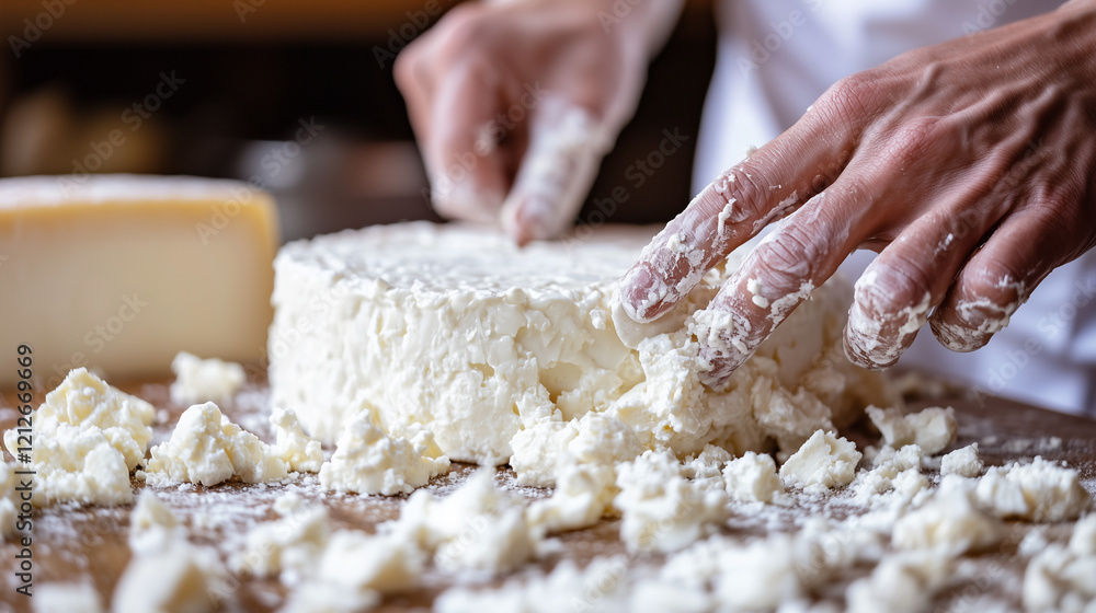 A chef managing ricotta cheese on a table A chef managing ricotta cheese on a table