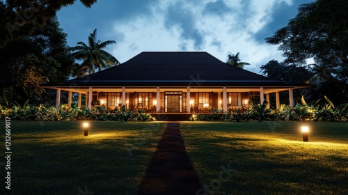 Tropical House Illuminated at Night Surrounded by Lush Greenery