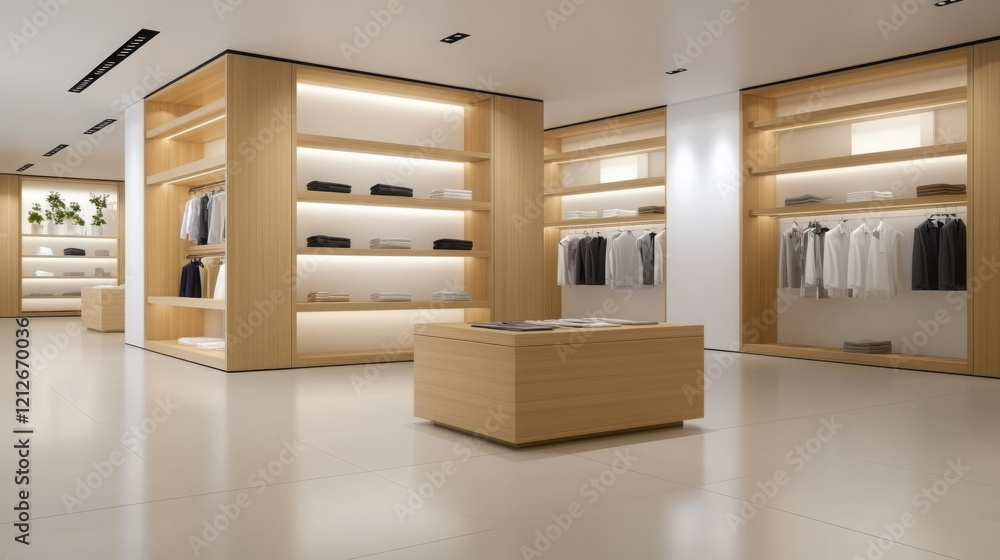 modern retail display featuring wooden shelves and clothing. spacious interior is well lit, showcasing neatly arranged garments. Ideal for showcasing fashion items modern retail display featuring wooden shelves and clothing. spacious interior is well lit, showcasing neatly arranged garments. Ideal for showcasing fashion items