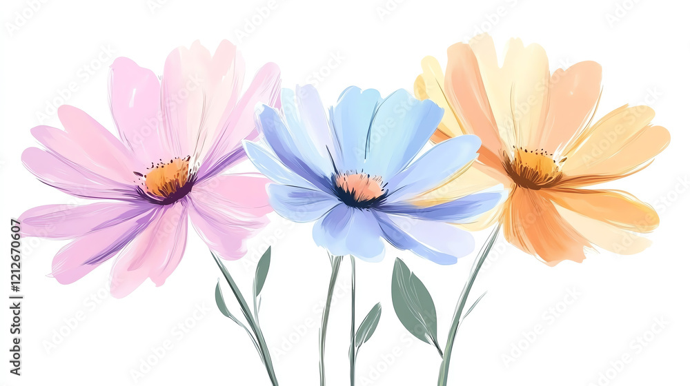 A vibrant illustration of three colorful flowers, showcasing beauty and the essence of nature in a delightful, artistic style. A vibrant illustration of three colorful flowers, showcasing beauty and the essence of nature in a delightful, artistic style.